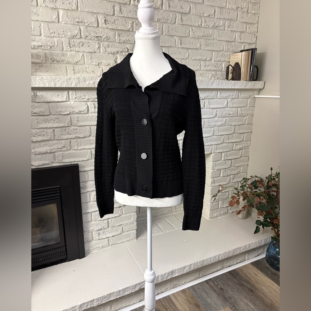 Jones New York Black Ribbed Knit Portrait Collar Cardigan Jacket S